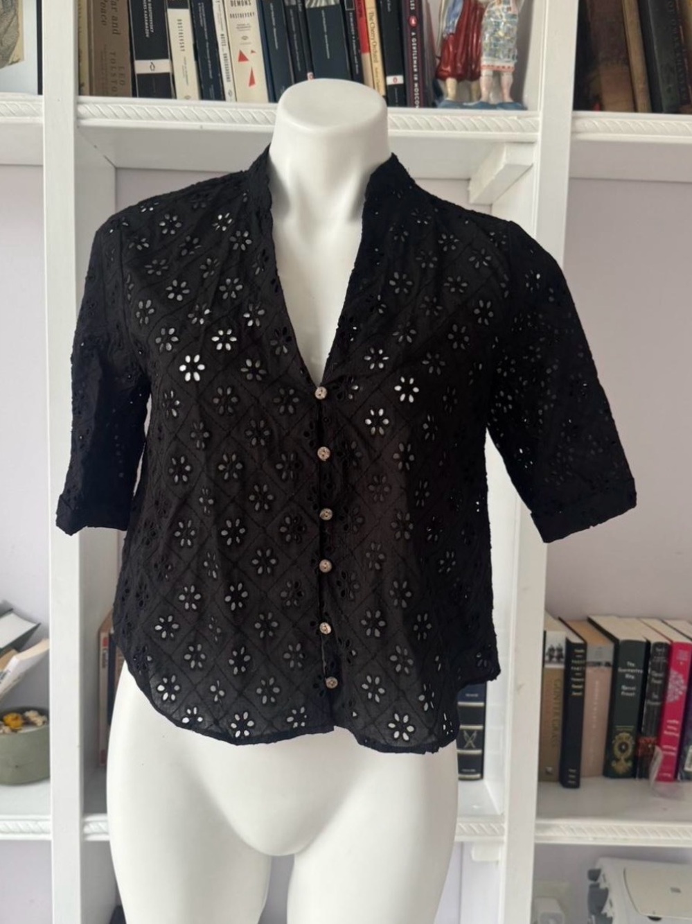 Zara Black Eyelet Button-Front Short Sleeve Top